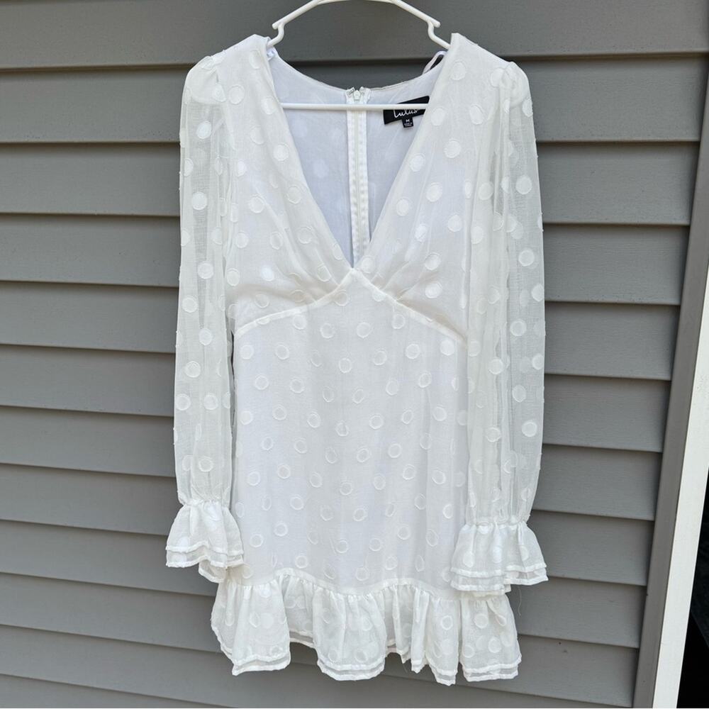 🧡SALE Lulus size M Just Spotted White Polka Dot Ruffled V-Neck Mini Dress - Picture 2 of 12